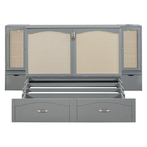Full Size Murphy Bed With Drawer And Rattan Decoration - Gray