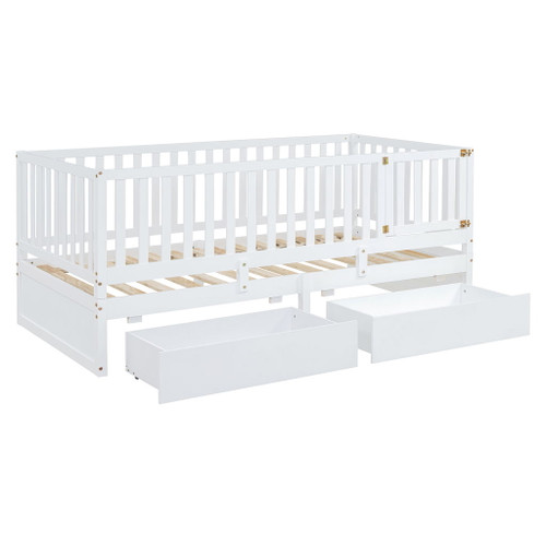 Twin Size Daybed With Fence Guardrails And 2 Drawers, Split Into Independent Floor Bed & Daybed - White