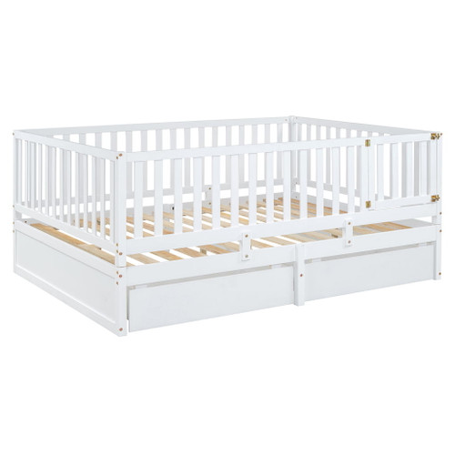 Full Size Daybed With Fence Guardrails And 2 Drawers, Convertible Floor Bed & Daybed - White