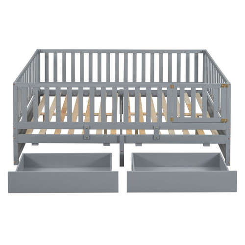 Full Size Daybed With Fence Guardrails And 2 Drawers - Gray