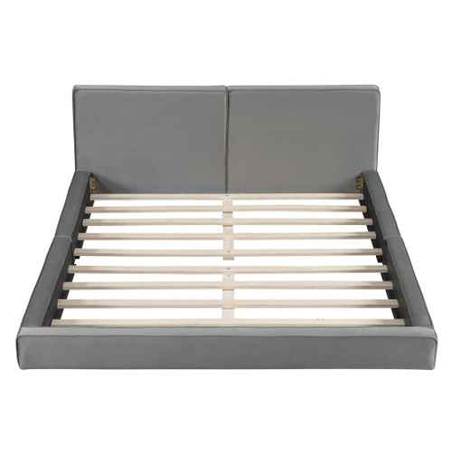 Queen Size Upholstered Platform Bed, Grounded Bed With Solid Frame - Gray