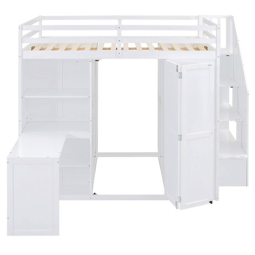 Full Size Loft Bed With Wardrobe, Desk And Shelves - White
