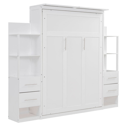 Full Size Murphy Wall Bed With Shelves, Drawers And LED Lights - White