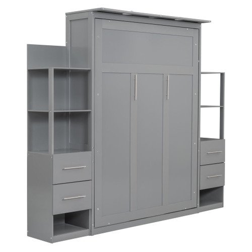 Full Size Murphy Wall Bed With Shelves, Drawers And LED Lights - Gray