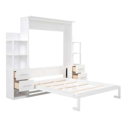 Queen Size Murphy Wall Bed With Shelves, Drawers And LED Lights - White