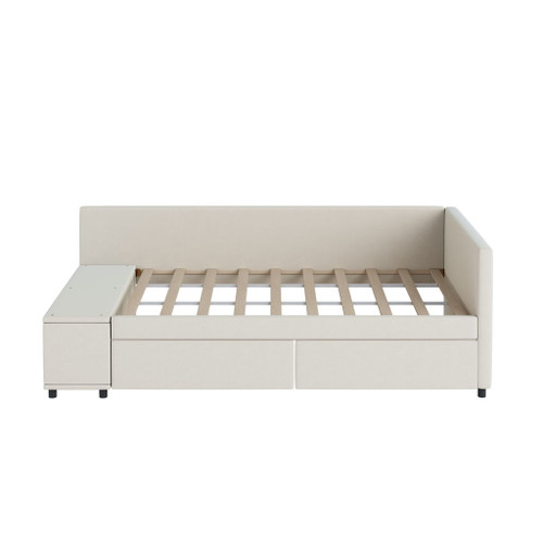 Twin L Shaped Upholstered Platform Bed With Storage And Drawers - Beige