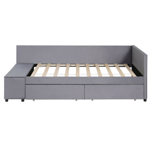 Twin L Shaped Upholstered Platform Bed With Storage Drawers - Gray