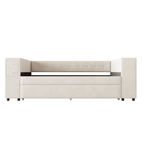 Twin Upholstered Bed With Storage And Twin Trundle, USB Charging Ports - Beige