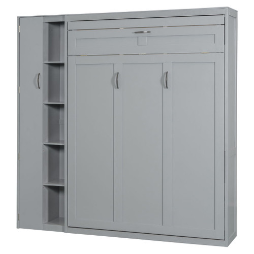 Full Size Murphy Wall Bed With Shelves, Wardrobe And LED Lights - Gray