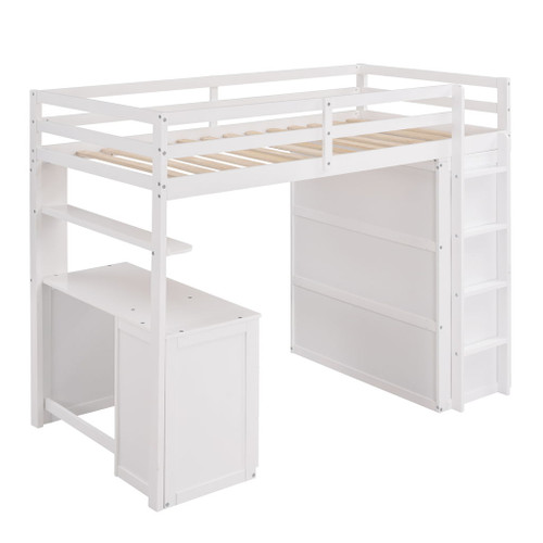Twin Size Loft Bed With Drawers, Desk, And Wardrobe - White