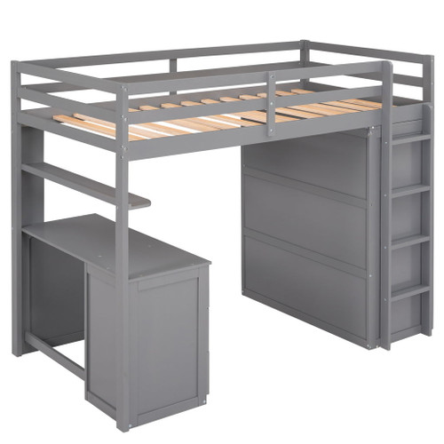 Twin Size Loft Bed With Drawers, Desk, And Wardrobe - Gray
