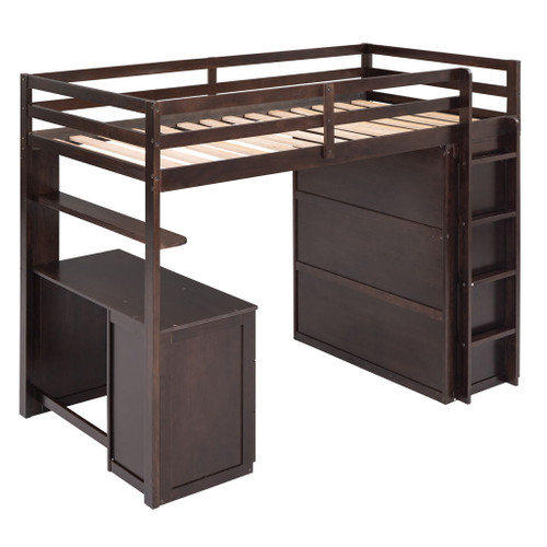 Twin Size Loft Bed With Drawers, Desk, And Wardrobe - Espresso
