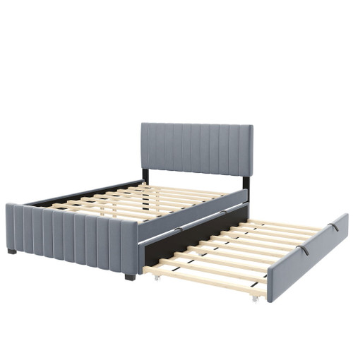 Full Size, Upholstered Platform Bed With Twin Size Trundle, Elegant Design - Gray