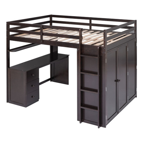 Full Size Loft Bed With Drawers, Desk, And Wardrobe - Espresso
