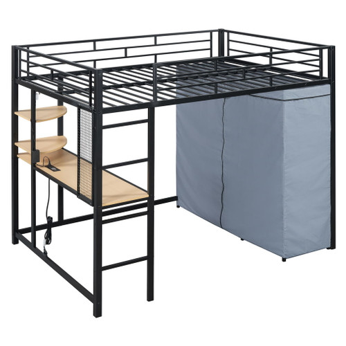 Full Size Loft Bed With Desk, Shelves, Power Outlet, LED Light And Wardrobe - Black
