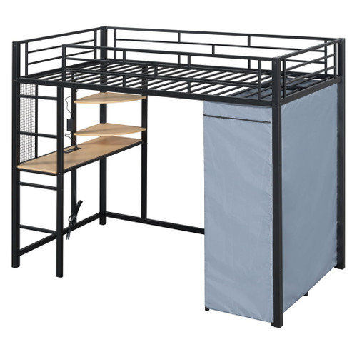 Twin Size Loft Bed With Desk, Shelves, Power Outlet, LED Light And Wardrobe - Black