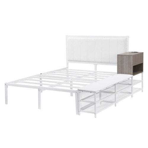 Full Size Platform Bed With 2 Tier Storage Shelves, Storage Cabinet - White