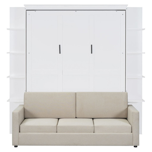 Queen Size Murphy Wall Bed With Sofa, Space Saving - White