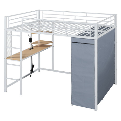 Full Size Loft Bed With Desk, Shelves, Power Outlet, LED Light And Wardrobe - White