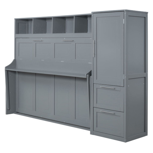 Queen Size Murphy Wall Bed With Closet And Drawers - Gray