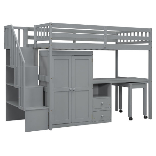 Twin Size Loft Bed With Stairs, Bookshelf, Drawers, Desk & Wardrobe, Space Saving Multifunctional Furniture - Gray