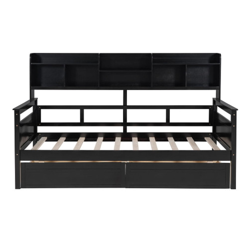 Twin Size Daybed, Slat Support, With Bedside Shelves And 2 Drawers - Espresso
