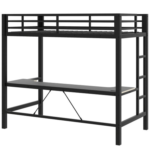 Twin Size Gaming Metal Loft Bed Frame With LED Light And Desk - Black