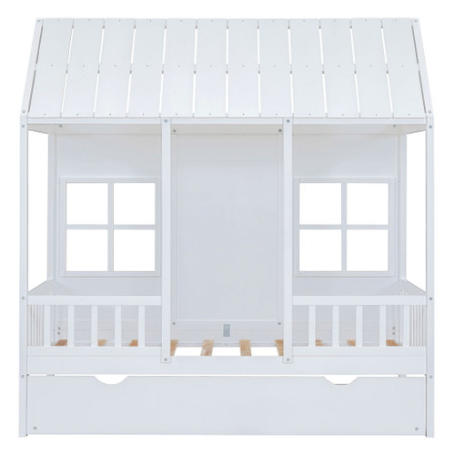 Twin Size House Bed With Twin Size Trundle, Daybed - White