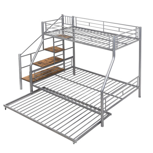Twin Over Full Size Metal Bunk Bed With Trundle And Storage Staircase - Silver