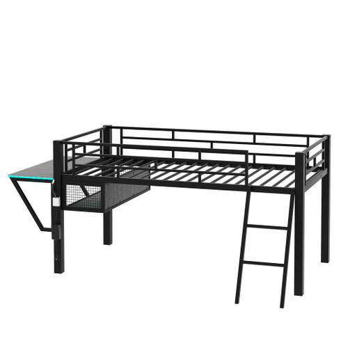 Twin, Esports Inspired Gaming Mid Loft Bed With Desk And LED - Black