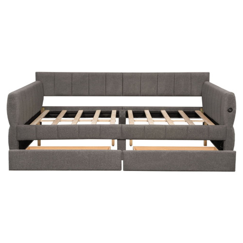 Queen Size Upholstered Platform Bed With USB And 2 Drawers, Lambswool Material - Gray