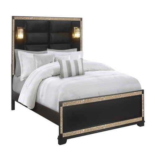 Lively - King 5 Pieces Bedroom Set With Glitter Detail And Padded Headboard With Lights - Black