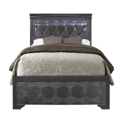 Shaker - Queen Bed With LED Lighting And Crystal Inspired Tufted Headboard - Metallic Gray