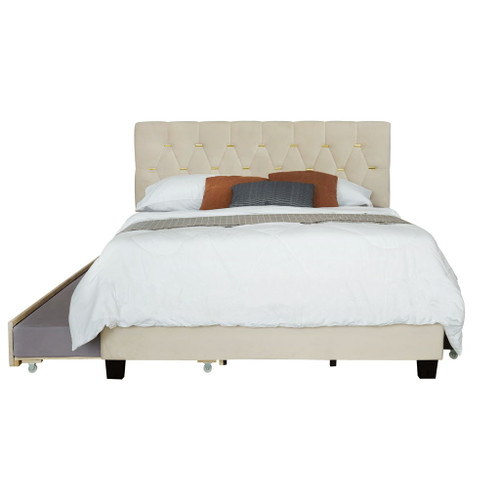 Queen Bed With Pull Out Trundle & Storage Drawers, No Box Spring Required, Space Saving Design - Beige