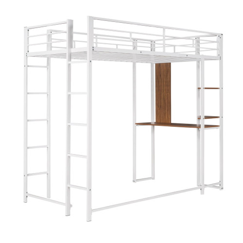 Hearth & Haven - Twin Metal Loft Bed With 2 Shelves And One Desk - White Hearth & Haven - Twin Metal Loft Bed With 2 Shelves And One Desk - White