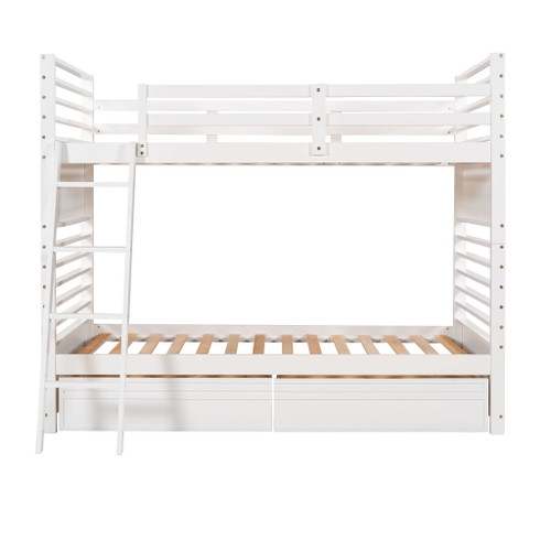 Twin Over Twin Bunk Bed With Two Drawers - White