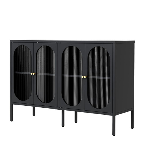 Modern Metal Sideboard Cabinet With 4 Glass Doors, Steel Kitchen Storage And Coffee Bar Cabinet - Black