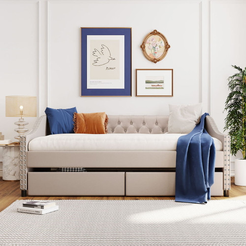 Upholstered Daybed With Two Drawers, Wood Slat Support Upholstered Daybed With Two Drawers, Wood Slat Support