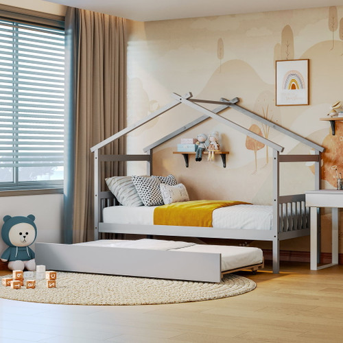 Wooden House Bed With Twin Size Trundle Wooden House Bed With Twin Size Trundle