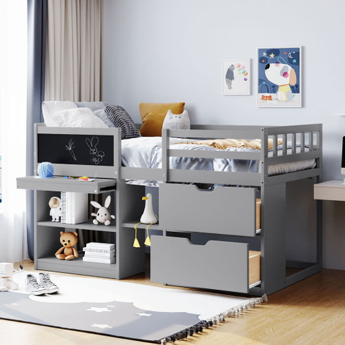 Low Loft Bed With Rolling Desk, Shelf And Drawers Low Loft Bed With Rolling Desk, Shelf And Drawers