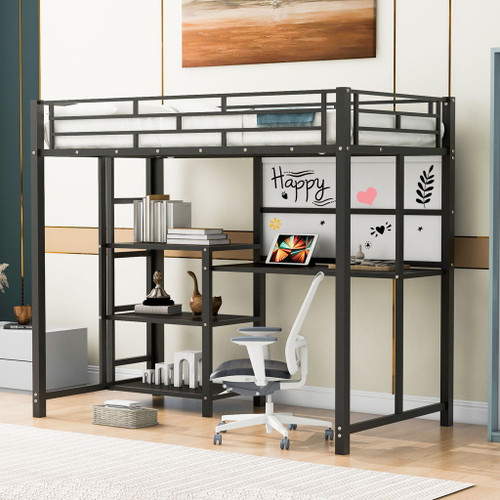 Metal Loft Bed With Desk, 3 Shelves And Ladder Metal Loft Bed With Desk, 3 Shelves And Ladder