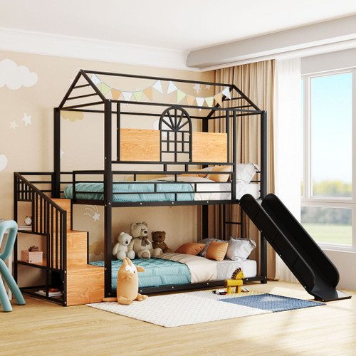 Metal Bunk Bed, Metal Housebed With Slide And Storage Stair Metal Bunk Bed, Metal Housebed With Slide And Storage Stair