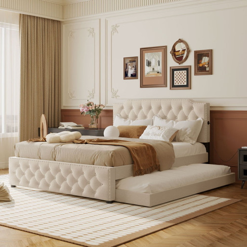 Upholstered Platform Bed With Trundle And 2 Sets Of USB Ports On Each Side, Linen Fabric Upholstered Platform Bed With Trundle And 2 Sets Of USB Ports On Each Side, Linen Fabric