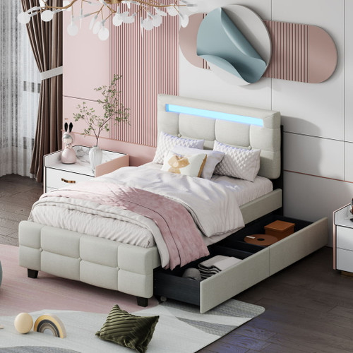 Upholstered Platform Bed With LED Frame, With Trundle And 2 Drawers Upholstered Platform Bed With LED Frame, With Trundle And 2 Drawers