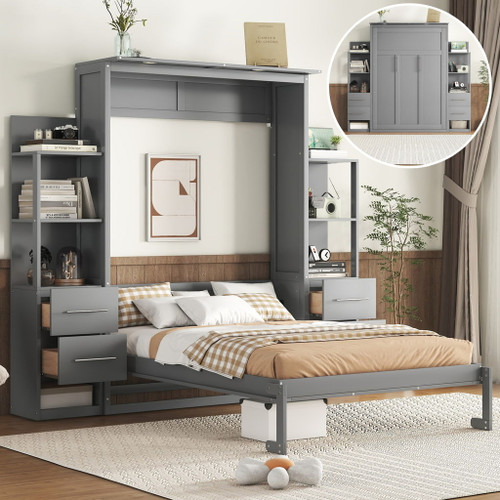 Murphy Wall Bed With LED Lights, Shelves And Drawers Murphy Wall Bed With LED Lights, Shelves And Drawers