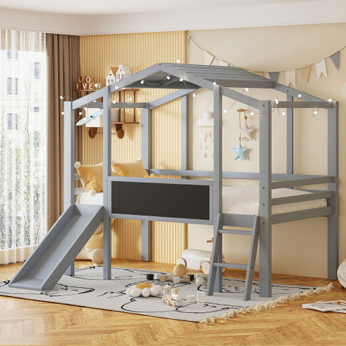 Loft House Bed With Ladder And Slide, With Blackboard And Light Strip On The Roof Loft House Bed With Ladder And Slide, With Blackboard And Light Strip On The Roof
