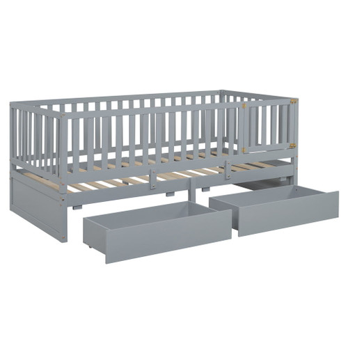 Daybed With Fence Guardrails And 2 Drawers, Split Into Independent Floor Bed & Daybed Daybed With Fence Guardrails And 2 Drawers, Split Into Independent Floor Bed & Daybed