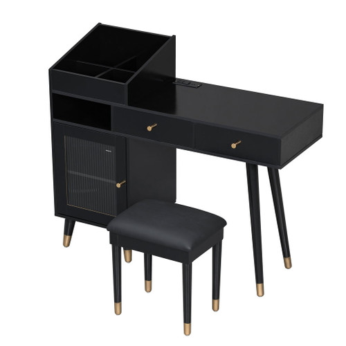 Modern Makeup Vanity Desk With Drawers Cabinet & Charging Port Engineered Wood Space Saving Design For Small Places - Black Modern Makeup Vanity Desk With Drawers Cabinet & Charging Port Engineered Wood Space Saving Design For Small Places - Black