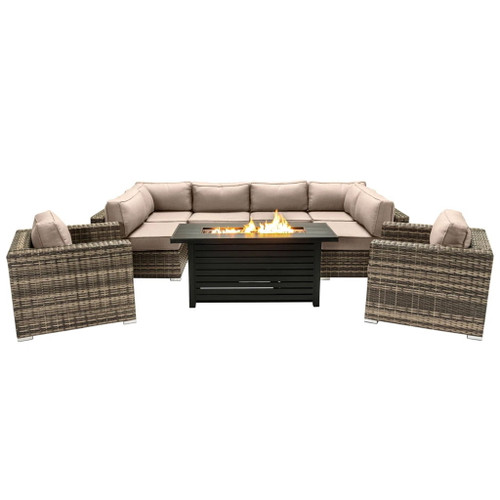 9 Piece Outdoor Sectional Set With Fire Pit Table And Cushions - Beige 9 Piece Outdoor Sectional Set With Fire Pit Table And Cushions - Beige