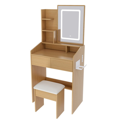 Vanity Table With LED Mirror, Power Outlet, Hairdryer Holder & Padded Stool, Compact Dressing Desk For Small Bedrooms - Wood Vanity Table With LED Mirror, Power Outlet, Hairdryer Holder & Padded Stool, Compact Dressing Desk For Small Bedrooms - Wood